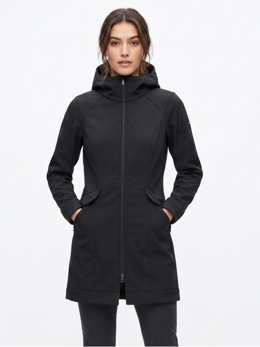 Columbia Women's Black Hooded Long, Spring/fall jacket Soft shell